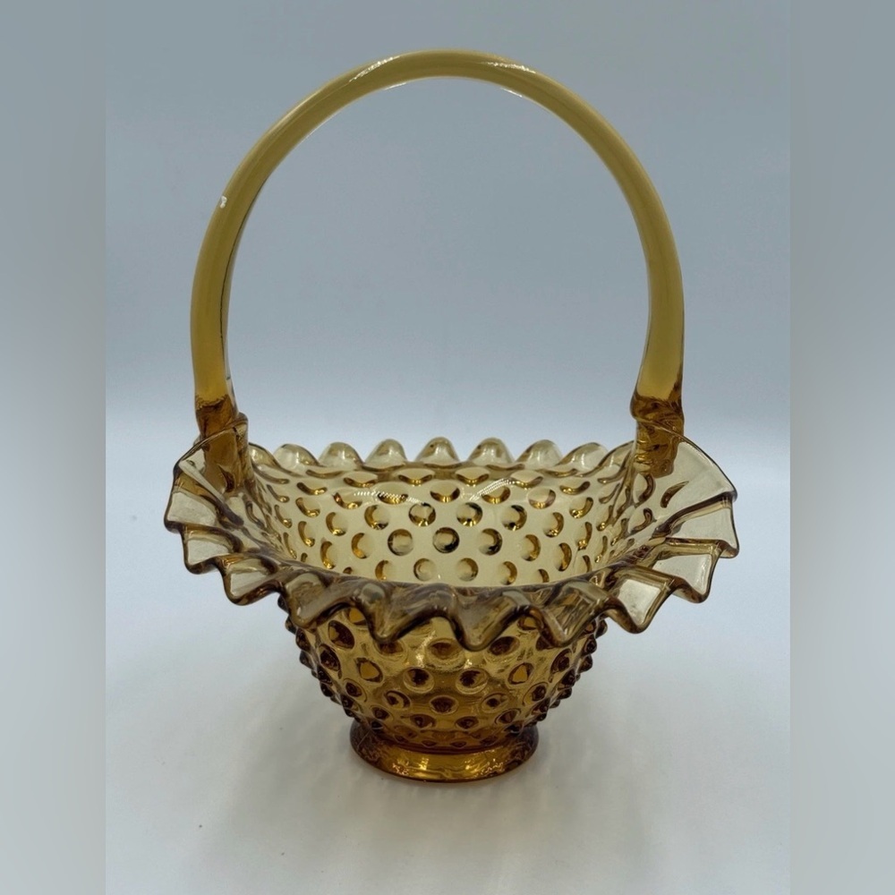 Vintage Amber Hobnail Glass Basket Ruffled Edge Applied Handle Candy Dish - Picture 2 of 9